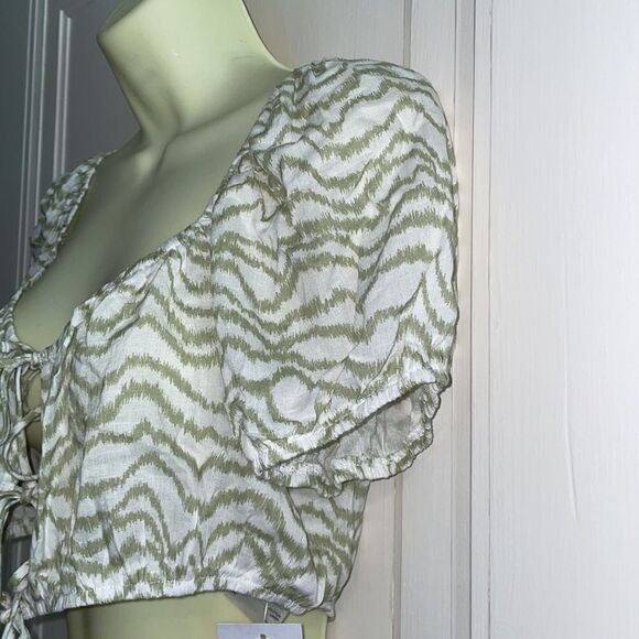 NWT Elodie Boho Peasant white/sage green cotton/linen short sleeve blouse - Picture 3 of 8